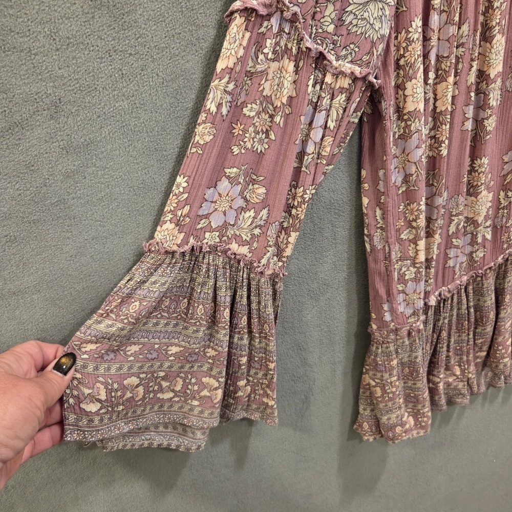 American Eagle Floral Blouse Women's Medium Boho Lace Up Tiered Bell Sleeve - Picture 3 of 15